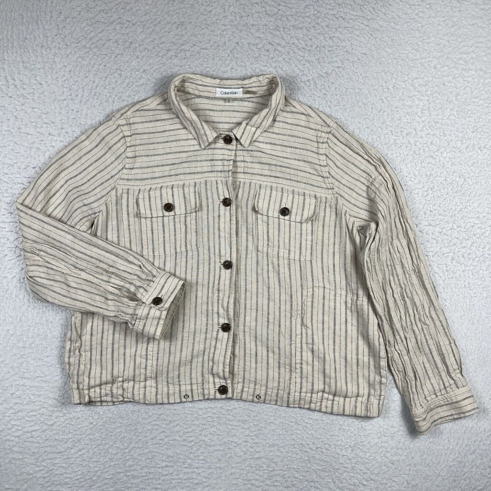 Calvin Klein‎ Shirt Womens XL Beige Striped Button Up Linen Blend Neutral Beachy